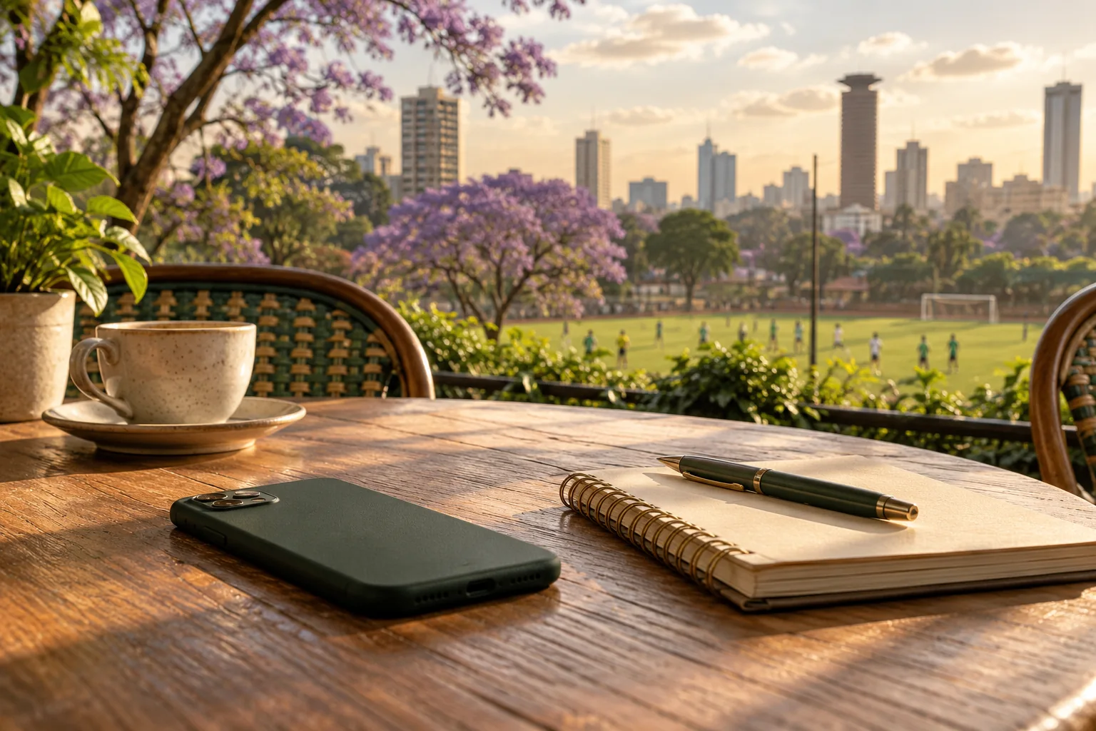 Original editorial illustration of a phone and notebook beside a Nairobi football ground