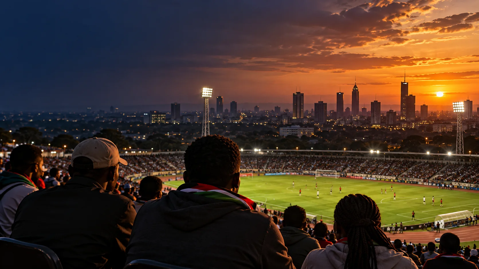 Editorial illustration of a Nairobi football ground at sunset